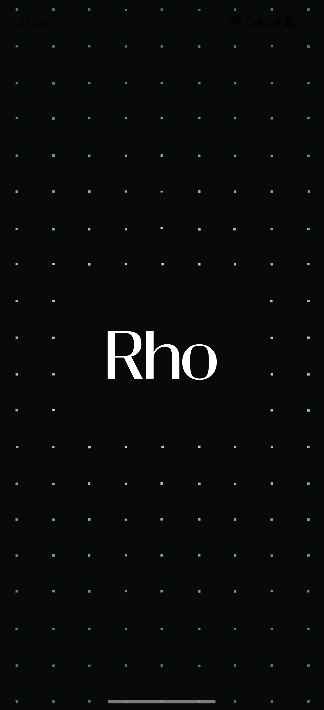 Rho launching: the wordmark on the app’s dotted black splash screen.