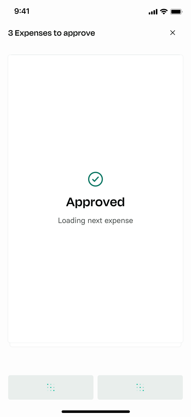 The same expense approved: a check mark, Approved, and Loading next expense.